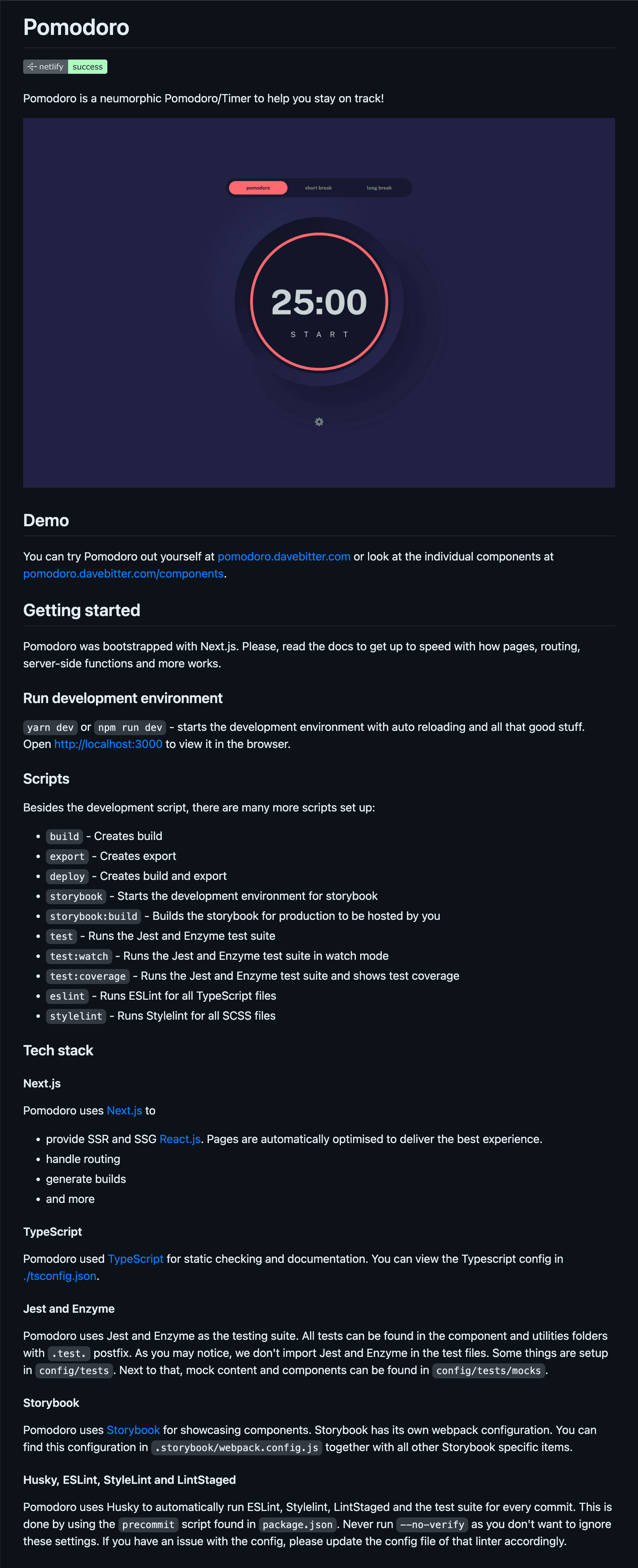 A screenshot of the Readme of the Pomodoro project on GitHub